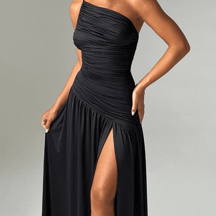 Strapless off-shoulder gathered slit A-line dress - Très Elite