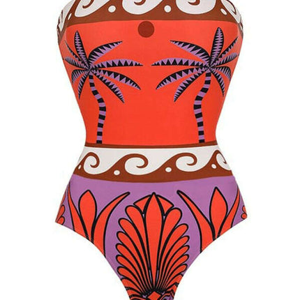 Strapless printed one-piece swimsuit with matching skirt