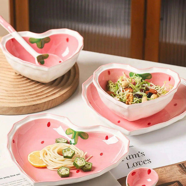 Strawberry Delight Dining Ensemble: Bowl, Spoon, and Plate Set