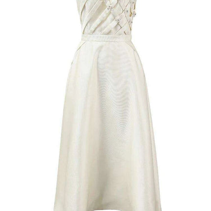 Striking Strapless High-Waisted Evening Gown with Unique Artistic Patchwork