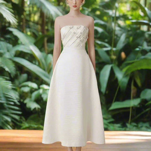 Striking Strapless High-Waisted Evening Gown with Unique Artistic Patchwork