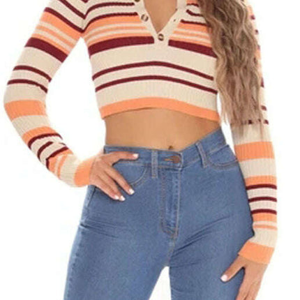 Striped Buttoned V-Neck Knit Crop Top