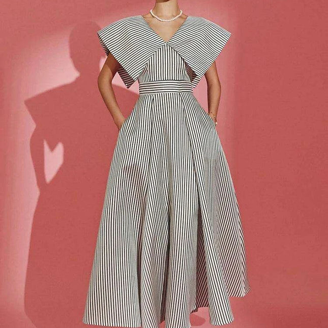 Striped High-Waisted Evening Dress with Oversized Collar for Women – 2024 Summer Collection 35Z657