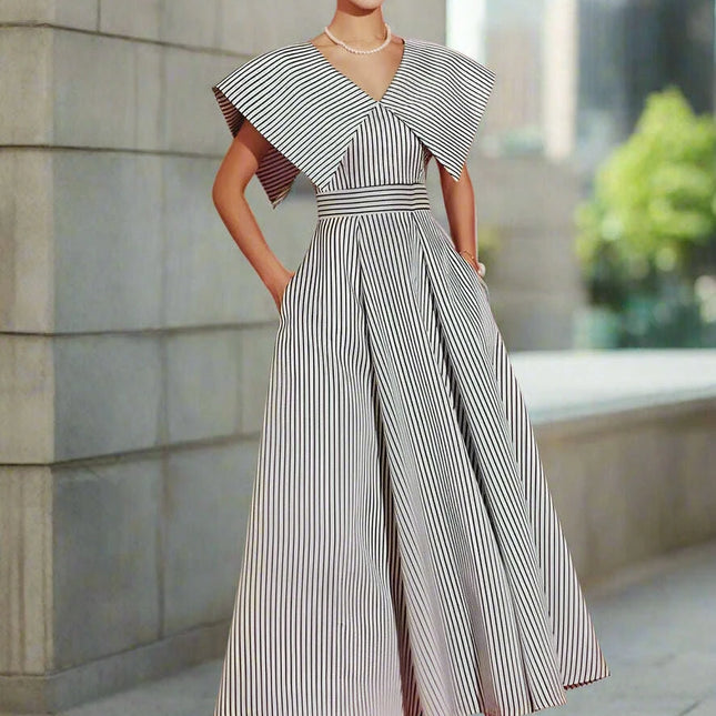 Striped High-Waisted Evening Dress with Oversized Collar for Women – 2024 Summer Collection 35Z657