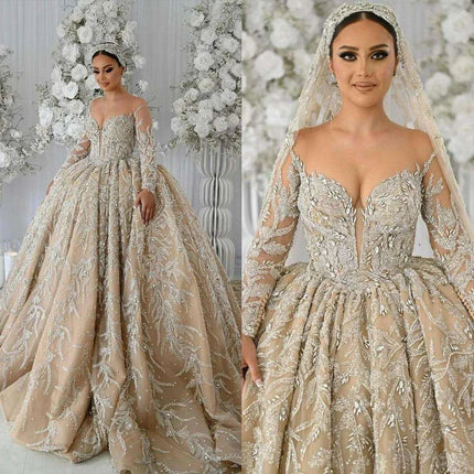 Stunning Bespoke Off-Shoulder Sequin Wedding Ball Gown with Elegant Long Sleeves - Très Elite