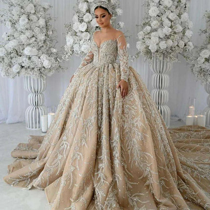 Stunning Bespoke Off-Shoulder Sequin Wedding Ball Gown with Elegant Long Sleeves - Très Elite