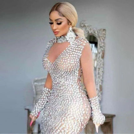 Stunning Crystal-Embellished Mesh Bodycon Dress with Graceful Long Sleeves for Elegant Occasions - Très Elite