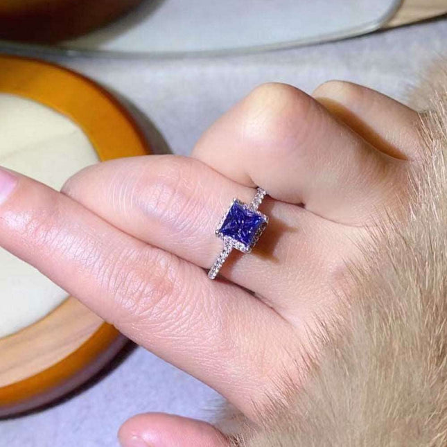 Stunning Lab Grown Sapphire & Blue Diamond Sterling Silver Ring Set - Modern Square Design