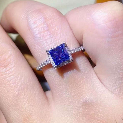 Stunning Lab Grown Sapphire & Blue Diamond Sterling Silver Ring Set - Modern Square Design..