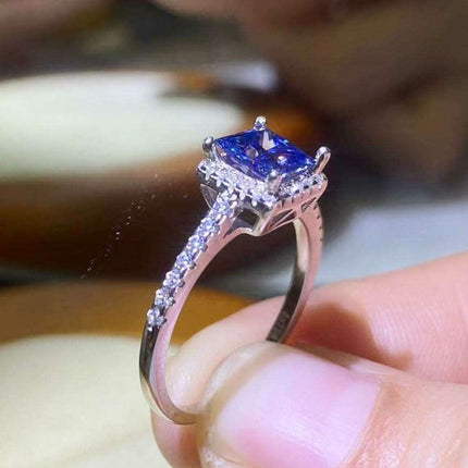 Stunning Lab Grown Sapphire & Blue Diamond Sterling Silver Ring Set - Modern Square Design..