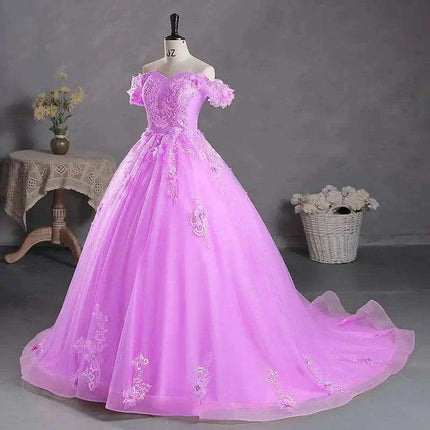 Stunning Off-The-Shoulder Cerulean Quinceanera Ball Gown with Graceful Lace Details and Dramatic Train - Très Elite