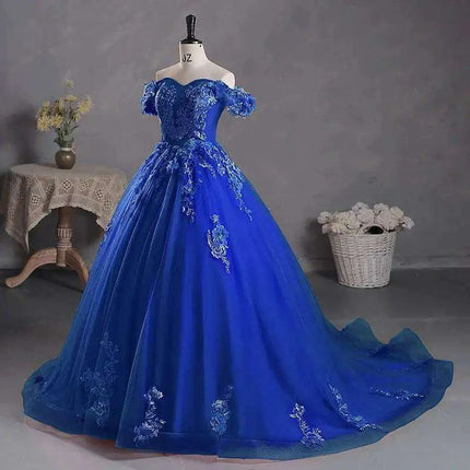 Stunning Off-The-Shoulder Cerulean Quinceanera Ball Gown with Graceful Lace Details and Dramatic Train - Très Elite