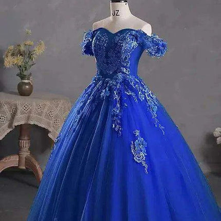 Stunning Off-The-Shoulder Cerulean Quinceanera Ball Gown with Graceful Lace Details and Dramatic Train - Très Elite