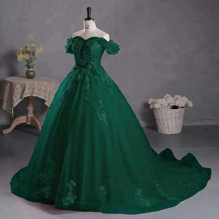 Stunning Off-The-Shoulder Cerulean Quinceanera Ball Gown with Graceful Lace Details and Dramatic Train - Très Elite