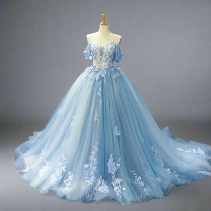 Stunning Off-The-Shoulder Cerulean Quinceanera Ball Gown with Graceful Lace Details and Dramatic Train - Très Elite