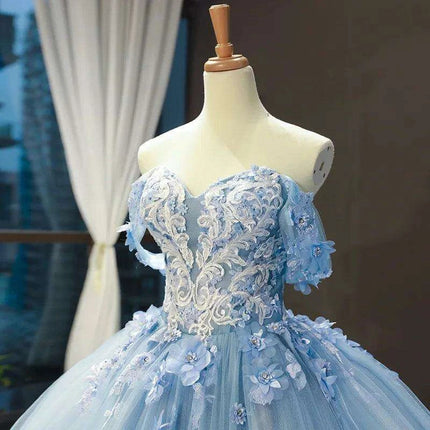 Stunning Off-The-Shoulder Cerulean Quinceanera Ball Gown with Graceful Lace Details and Dramatic Train - Très Elite