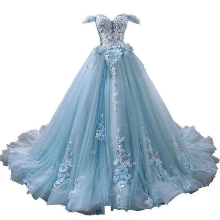Stunning Off-The-Shoulder Cerulean Quinceanera Ball Gown with Graceful Lace Details and Dramatic Train - Très Elite