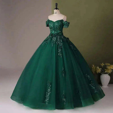 Stunning Off-The-Shoulder Cerulean Quinceanera Ball Gown with Graceful Lace Details and Dramatic Train - Très Elite