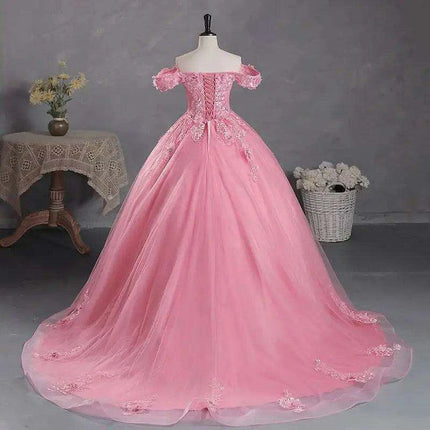 Stunning Off-The-Shoulder Cerulean Quinceanera Ball Gown with Graceful Lace Details and Dramatic Train - Très Elite