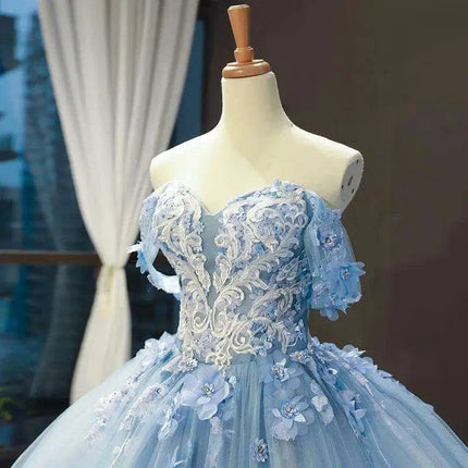 Stunning Off-The-Shoulder Cerulean Quinceanera Ball Gown with Graceful Lace Details and Dramatic Train - Très Elite