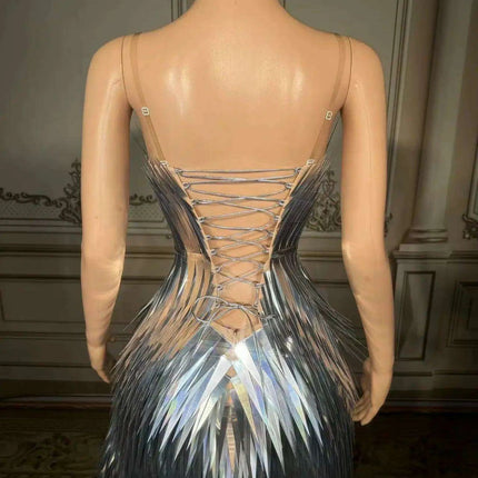 Stunning Silver Sequin Mermaid Gown with Deep V Neck and High Side Slit for Glamorous Nights - Très Elite