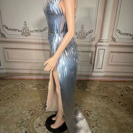 Stunning Silver Sequin Mermaid Gown with Deep V Neck and High Side Slit for Glamorous Nights - Très Elite