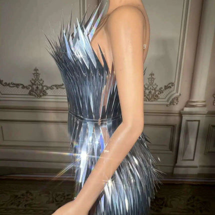 Stunning Silver Sequin Mermaid Gown with Deep V Neck and High Side Slit for Glamorous Nights - Très Elite