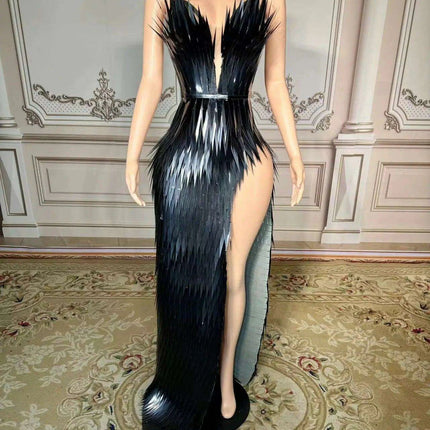 Stunning Silver Sequin Mermaid Gown with Deep V Neck and High Side Slit for Glamorous Nights - Très Elite