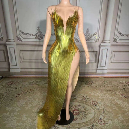 Stunning Silver Sequin Mermaid Gown with Deep V Neck and High Side Slit for Glamorous Nights - Très Elite