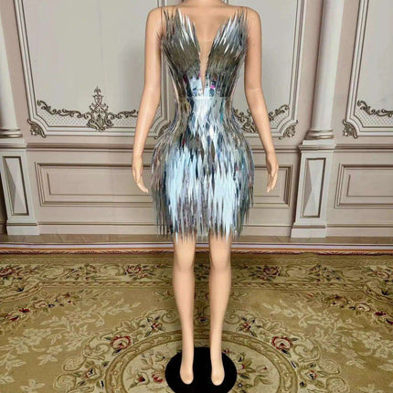 Stunning Silver Sequin Mermaid Gown with Deep V Neck and High Side Slit for Glamorous Nights - Très Elite