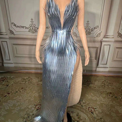 Stunning Silver Sequin Mermaid Gown with Deep V Neck and High Side Slit for Glamorous Nights - Très Elite