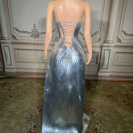 Stunning Silver Sequin Mermaid Gown with Deep V Neck and High Side Slit for Glamorous Nights - Très Elite
