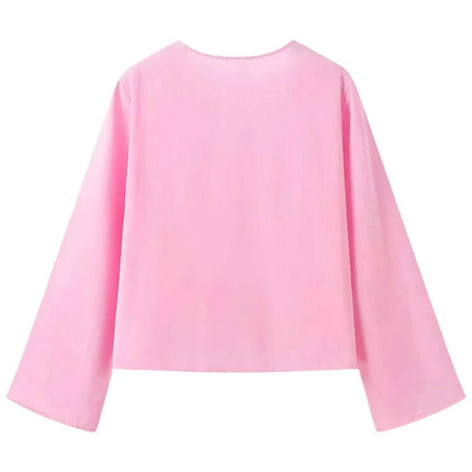 Stylish 2024 Women's V-Neck Long Sleeve Tie Blouse - Effortless Everyday Chic - Très Elite