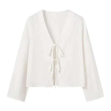 Stylish 2024 Women's V-Neck Long Sleeve Tie Blouse - Effortless Everyday Chic