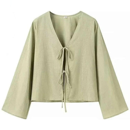 Stylish 2024 Women's V-Neck Long Sleeve Tie Blouse - Effortless Everyday Chic