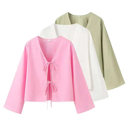 Stylish 2024 Women's V-Neck Long Sleeve Tie Blouse - Effortless Everyday Chic - Très Elite