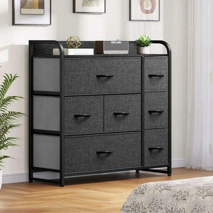 Stylish 7-Drawer Storage Dresser with Steel Frame and Foldable Fabric Bins - Très Elite