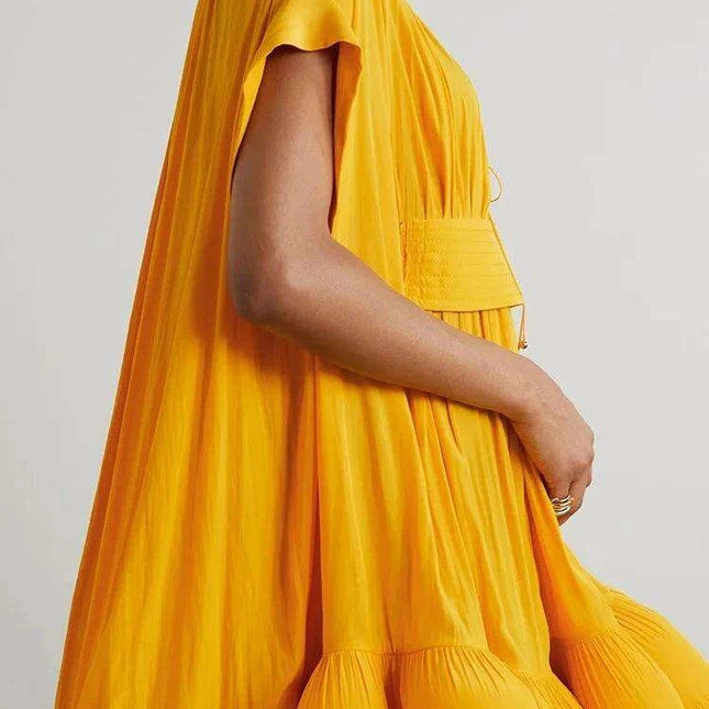 Stylish Asymmetrical Yellow Mini Dress with Statement Balloon Sleeves for Women - Perfect for Sophisticated Evening Gatherings