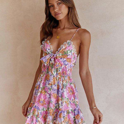 Stylish Backless Floral Dress with Knot Accent for Special Occasions - Très Elite