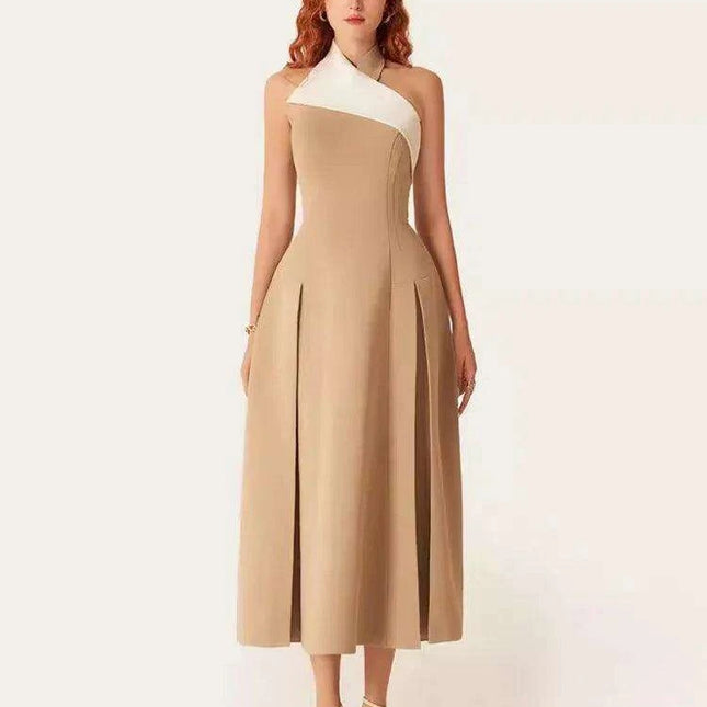 Stylish Backless Halter Neck Pleated Summer Dress with Contrast Color Patchwork for Women - 2024 Party Collection