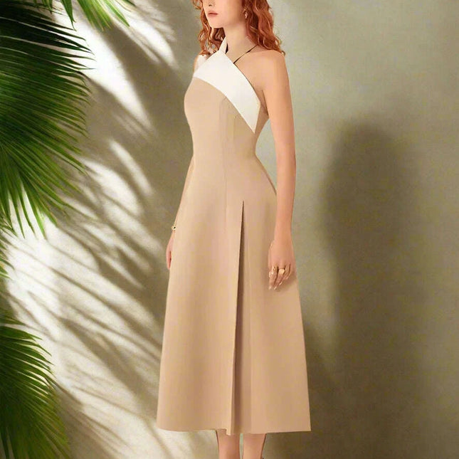 Stylish Backless Halter Neck Pleated Summer Dress with Contrast Color Patchwork for Women - 2024 Party Collection