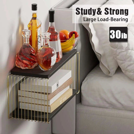 Stylish Black and Gold Floating Nightstand with Convenient Bedside Shelves - Très Elite