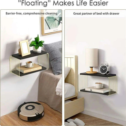 Stylish Black and Gold Floating Nightstand with Convenient Bedside Shelves - Très Elite