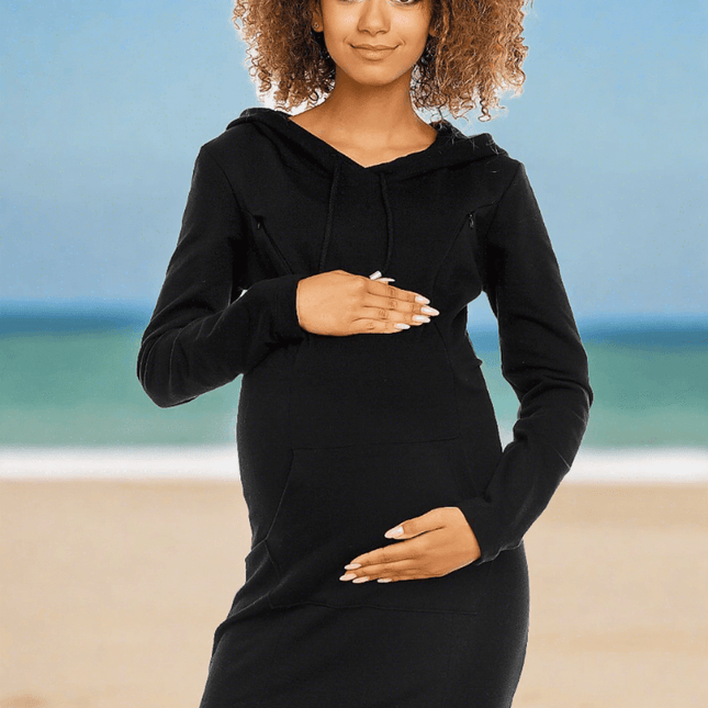 Stylish Cotton Hoodie Dress for Nursing Moms with Convenient Kangaroo Pocket