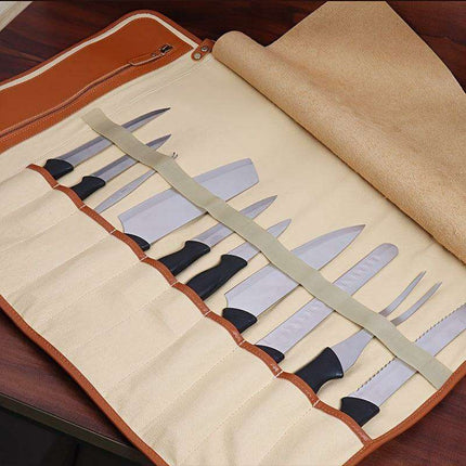 Stylish Faux Leather Knife Organizer - Portable and Wall-Mountable Culinary Storage Solution..