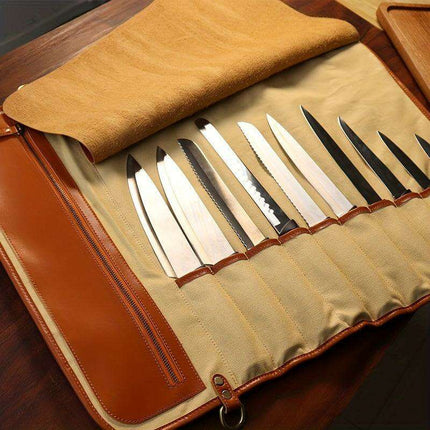 Stylish Faux Leather Knife Organizer - Portable and Wall-Mountable Culinary Storage Solution..