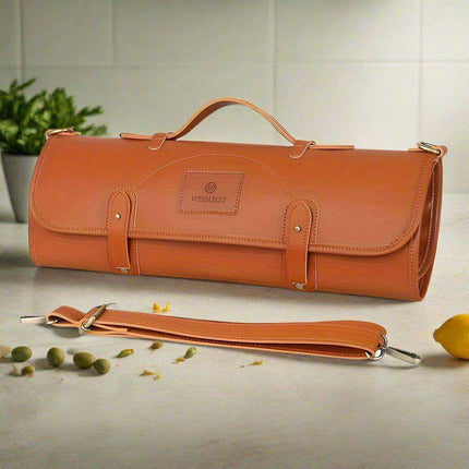 Stylish Faux Leather Knife Organizer - Portable and Wall-Mountable Culinary Storage Solution..