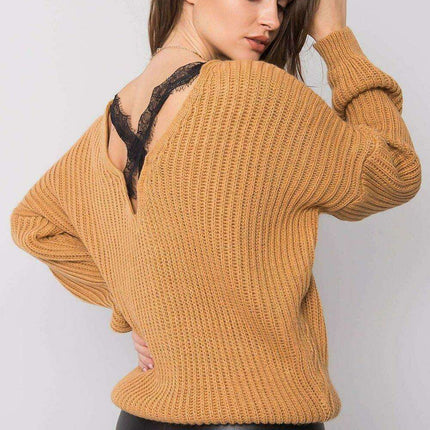 Stylish Grey Acrylic Knit Sweater with Distinctive Back Neckline - Très Elite