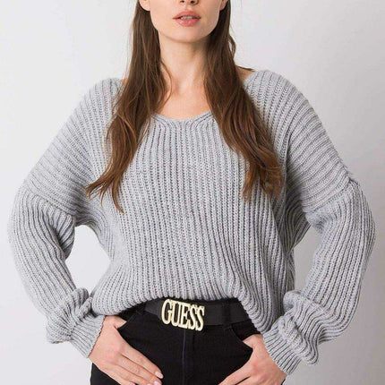 Stylish Grey Acrylic Knit Sweater with Distinctive Back Neckline - Très Elite