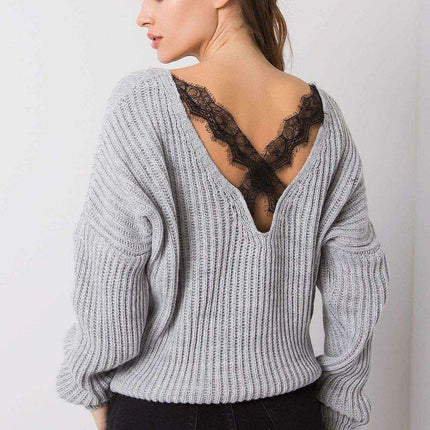 Stylish Grey Acrylic Knit Sweater with Distinctive Back Neckline - Très Elite